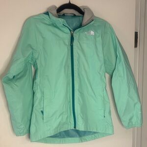The North Face Girls' Mint Green Rain Jacket with Teal Zipper
